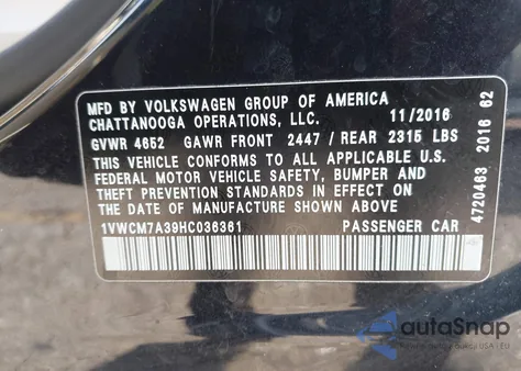 2017 Volkswagen Passat V6 Sel Premium z USA, uszkodzony, nr VIN 1VWCM7A39HC036361